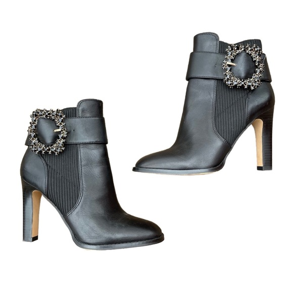 Karl Lagerfeld Black Leather Embellished Buckle Chelsea Ankle Heeled Boots 7.5 - Picture 1 of 9
